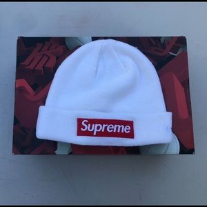 White/Red Supreme Box Logo Beanie Fw16